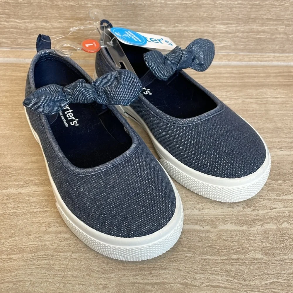 CARTERS NWT Girls Size 2 Mary Jane Shoes Navy Blue White Flats Bow Casual - Picture 3 of 11